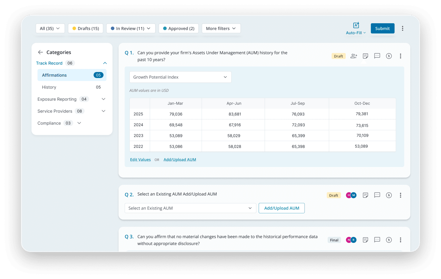 DiligenceVault AUM&TR Grid Questionnaire
